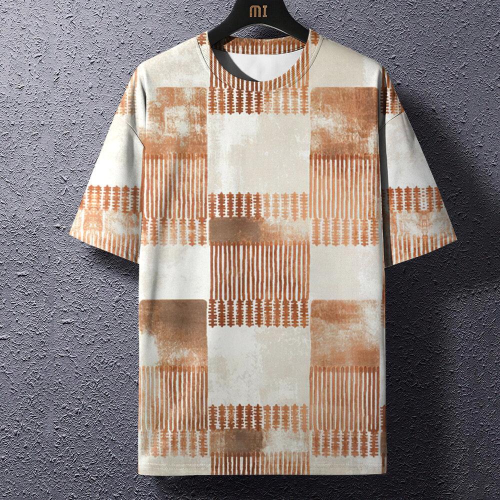 Retro pánské tričko kostkovaný potisk trička patchworkové oblečení kulatý výstřih krátký rukáv halenka nadměrná topy pánské Harajuku módní trička