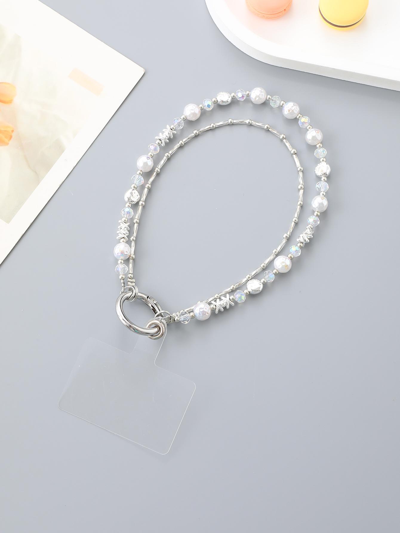 

New Double Chain Pearl Heart Pendant Ins Versatile Wrist Style Mobile Phone Pendant Accessory With Transparent Card Plastic