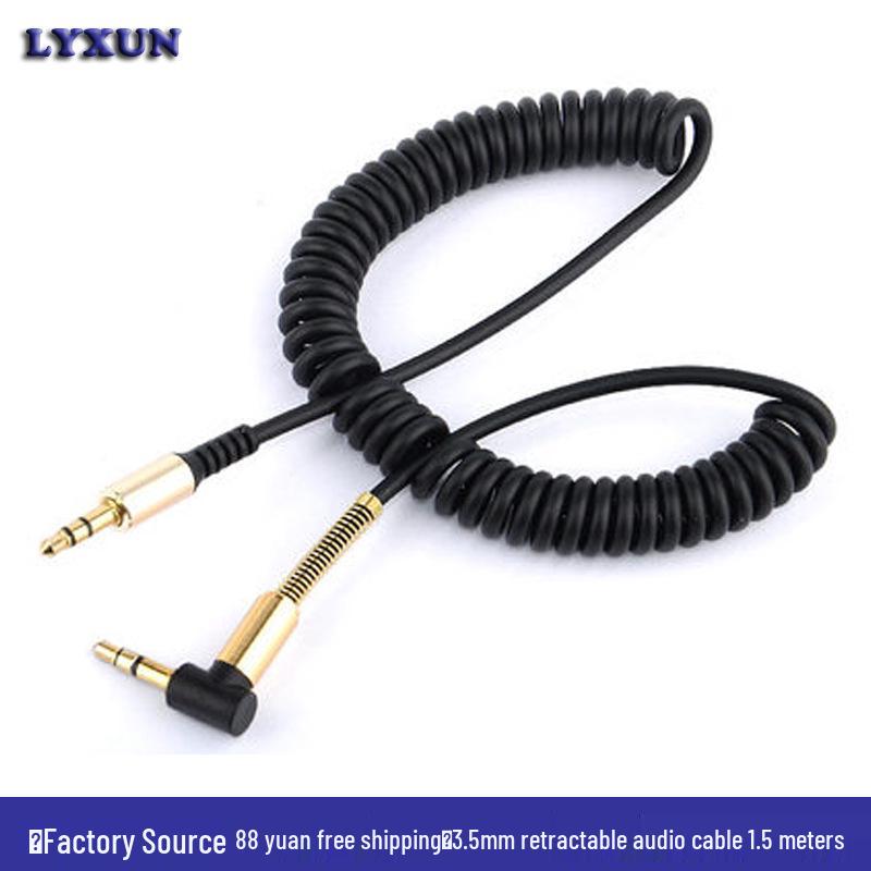 1.5m Retractable 3.5mm Male-to-Male AUX Spring Audio Cable with Elbow to Straight Head Design for Car Connection