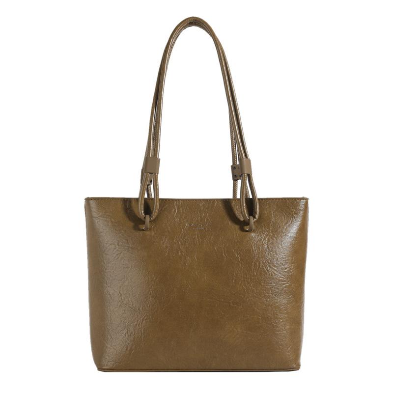 Retro PU Leather Bucket Tote Bag Large Capacity Simple Textured Shoulder Bag for Women's Commuting