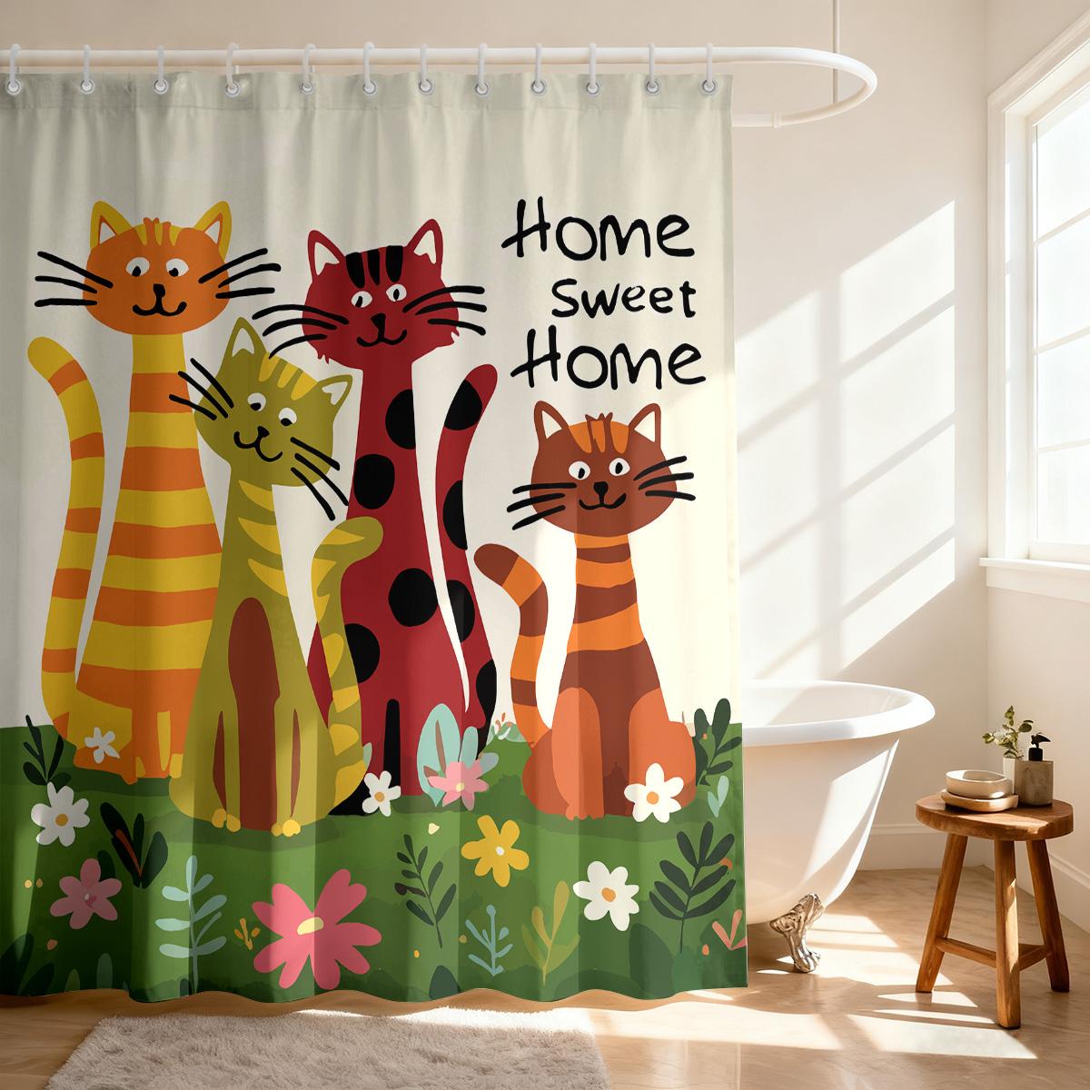 

1Pc Cute Cartoon Cat Printed Waterproof Shower Curtain Partition Privacy Hanging Curtain With Hooks Multiple Sizes W60H190(CM)-1 Pcs