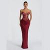 Women French Elegant Solid Lace Strapless Sling Slim Fit Evening Party Midi Dress