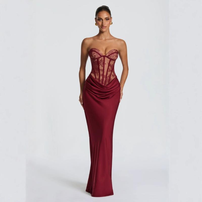 Women French Elegant Solid Lace Strapless Sling Slim Fit Evening Party Midi Dress