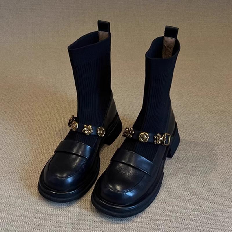 Fashion Flower Women's Ankle Boots Flats Designer Knitting Shoes 2025 Fashion Gothic Boots New Walking Winter Short Sock Mujer Botas