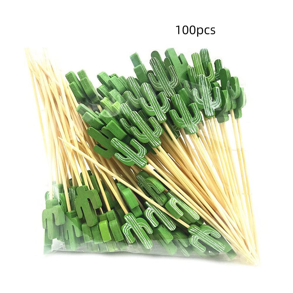 100 Pieces/Pack Cute Cactus Fruit Sticks Art Dessert Sticks Dessert Forks Convenient Fruit Bamboo Skewers Cocktail Decoration