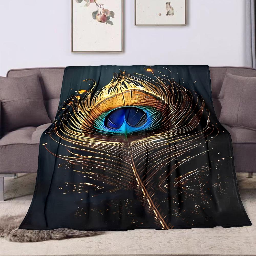 Golden Peacock Feather Design Patterned Flannel Blanket Perfect for the Bedroom Living Room, Sofa, or a Little Nap