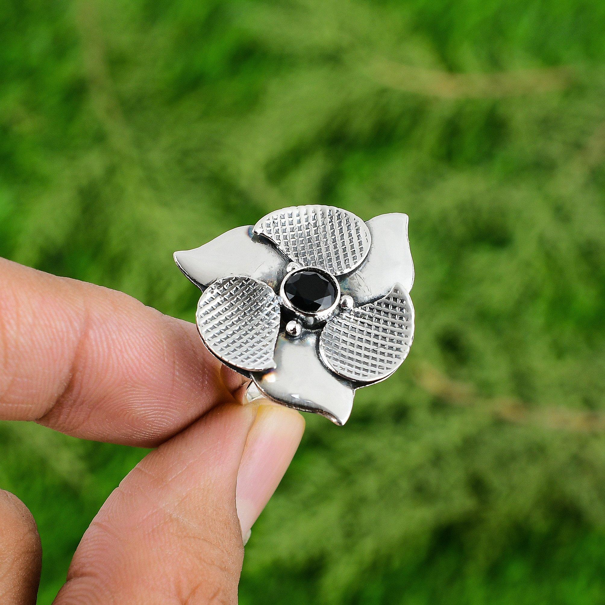 

Natural Black Onyx 925 Silver Multi Stone Flower Adjustable Ring For Women Adjustable