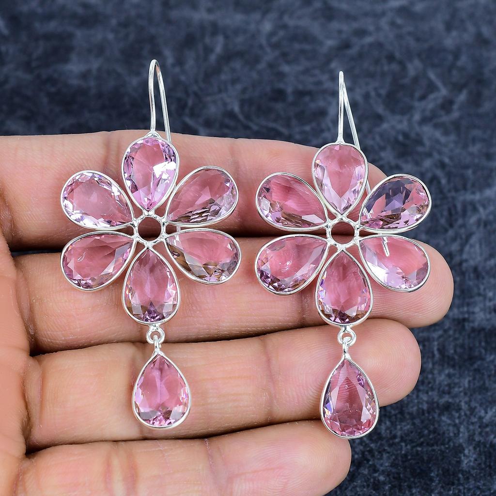 Pink Kunzite Gemstone Handmade 925Sterling Silver Jewelry Earring 2.76" M-3148
