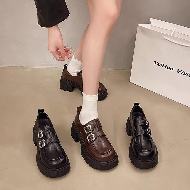 Black Thick-heeled Thick-soled One-pedal Small Leather Shoes for Women's Spring and Autumn New Retro British Style Versatile Heightening Loafers