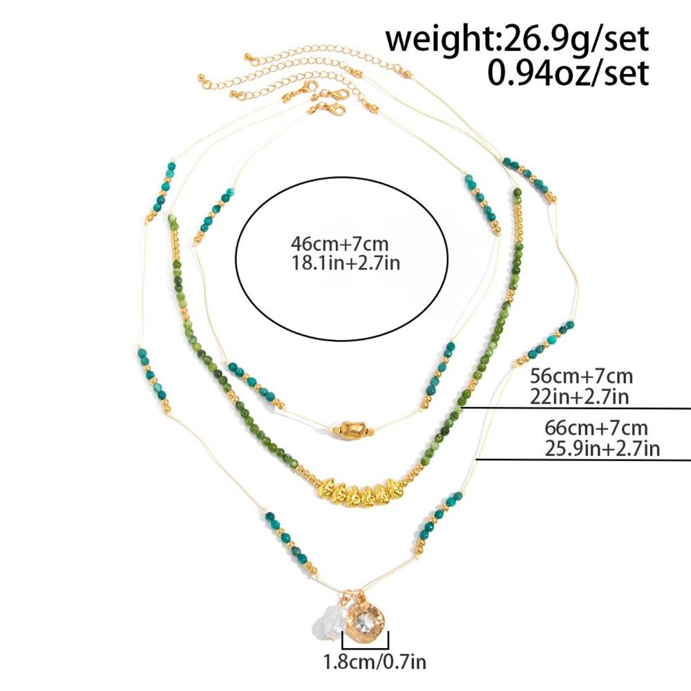 3pcs Set Retro Temperament Baroque Pearl Pendant Green Beaded Long Multi-layered Necklace for Women Stacked Jewelry Sets Gifts