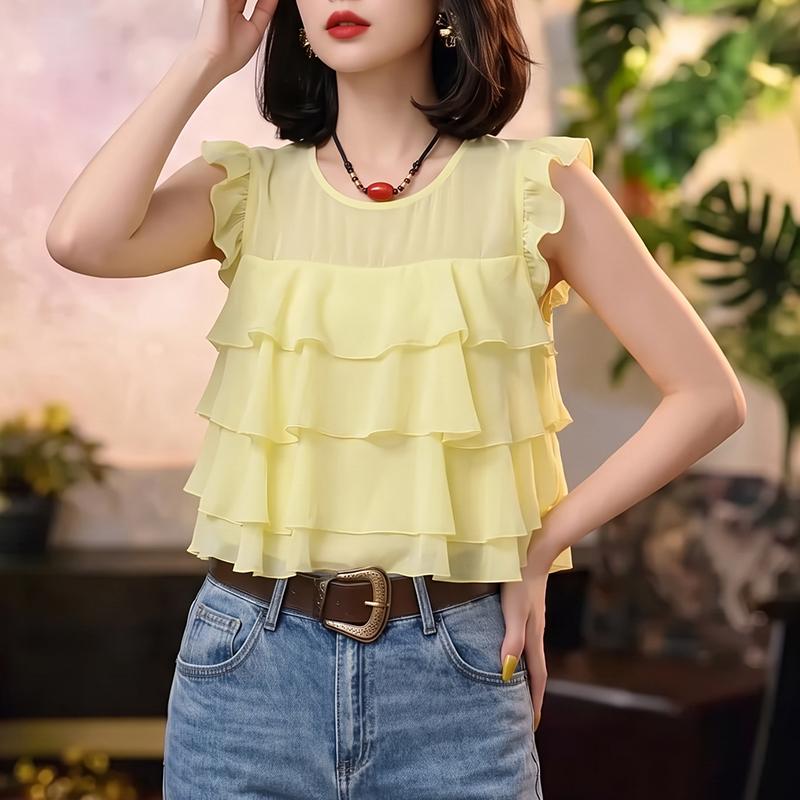 ZANZEA Women Casual Round Neck Loose Sleeveless Ruffles Blouse