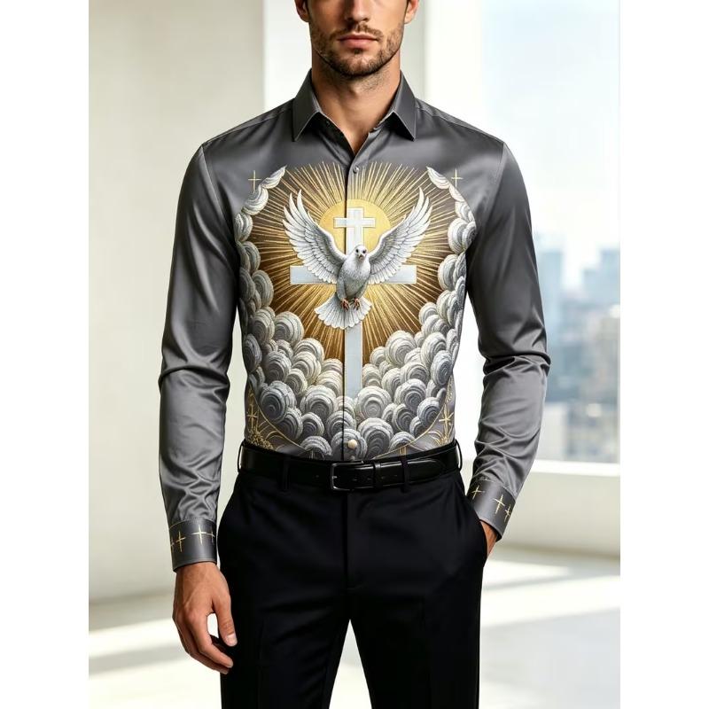 New men's long sleeved shirt with wine red gold chain diamond shaped 3D pattern printing, slim fit collar single shirt