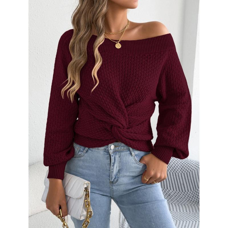 European American Casual Solid Color Off Shoulder Knot Long Sleeve Women Sweater