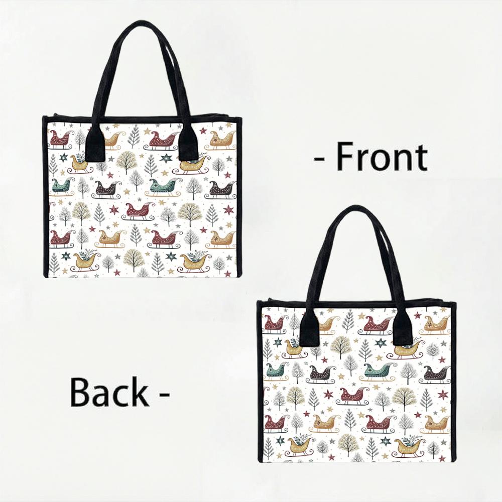 Christmas Sleigh Print Tote Bag Casual Large Capacity Reusable Handbag for Daily Shopping