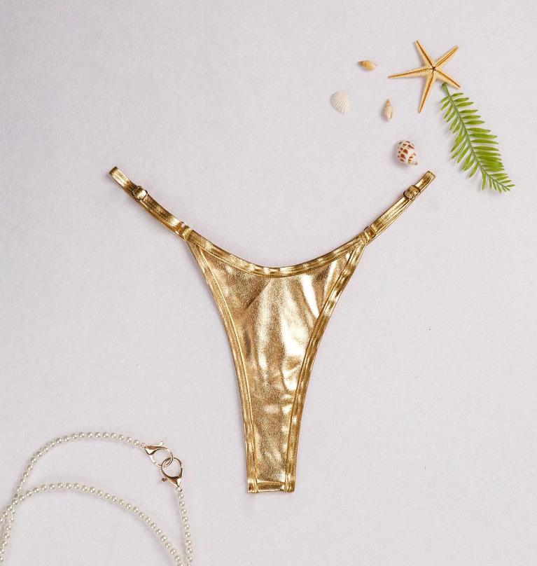 2025 European & American Women's Sexy Solid Color Stamped Thong Swimsuit Bottoms