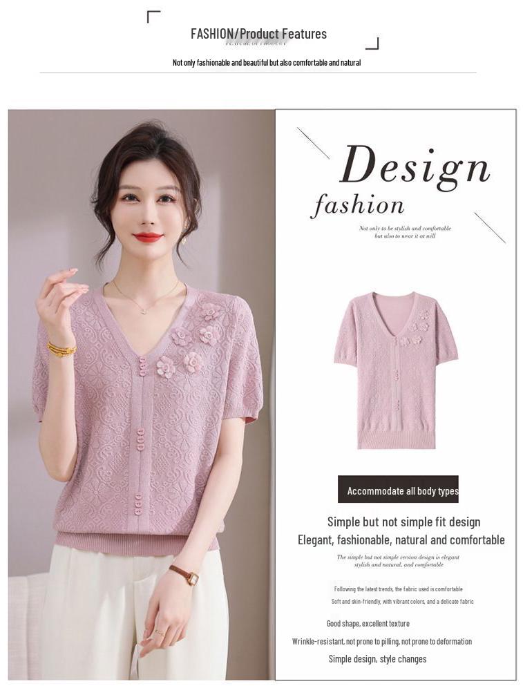 2026 Summer Ice Silk Blouse & T-Shirt Set for Moms and Seniors