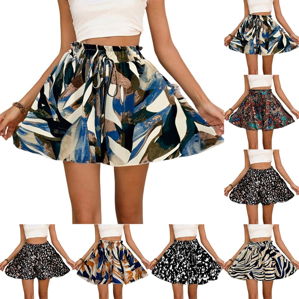 Beach Print Wide Leg Shorts Women High Waist Linen Summer Casual Drawstring Lightweight Comfortable Vacation Wear