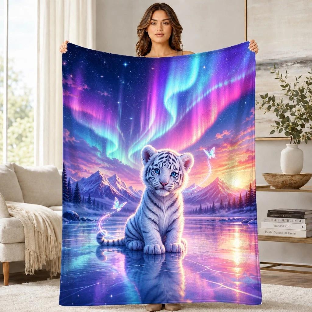 White Tiger Cub Aurora Coral Fleece Blanket Northern Sky Decor