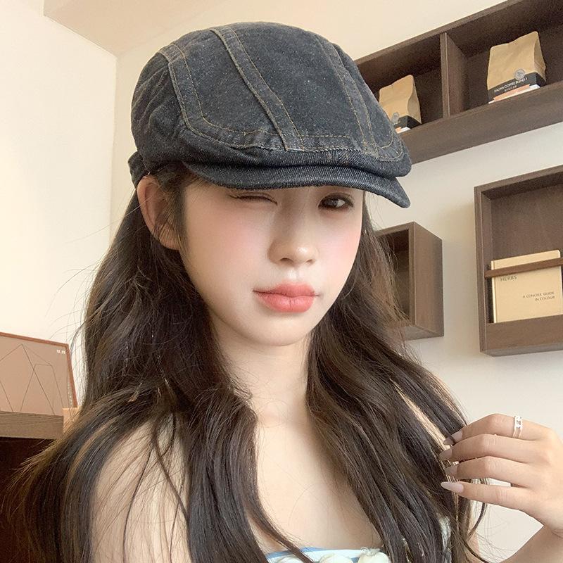 Summer Japanese washed Denim Front Hat for Women with Versatile Retro Big Head Circumference Showing Face Little Painter Hat Wearing Beret
