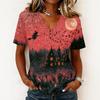 Haut pull décontracté à manches courtes et col en V pour femme, imprimé Halloween, coupe ample, t-shirt léger pour un usage quotidien