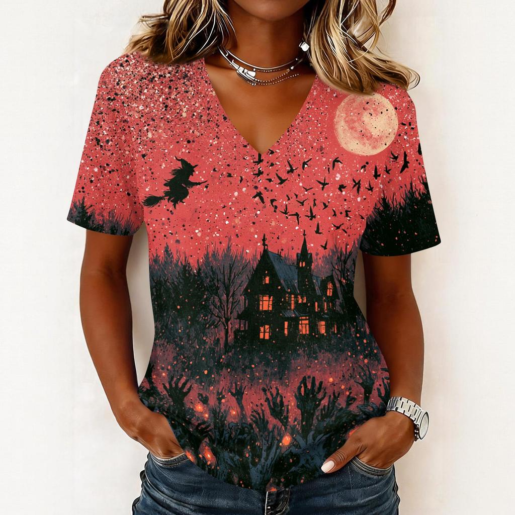 Haut pull décontracté à manches courtes et col en V pour femme, imprimé Halloween, coupe ample, t-shirt léger pour un usage quotidien