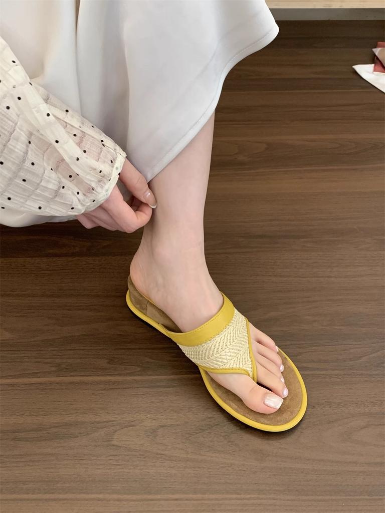 French Holiday Style Slippers Women's Summer Wear Is Beautiful, Straw Woven Soft Sole Is Not Tired, Foot Slope Heel Flip-flop Toe Sandals