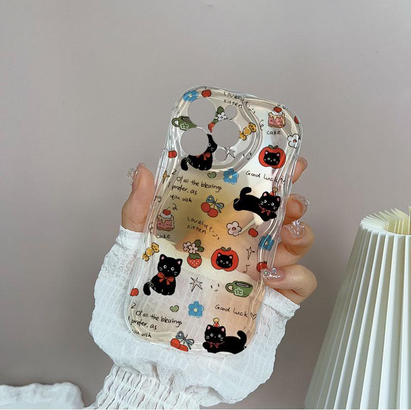Cute Cat With Apple Fruit Chain Case For Google PIXEL 7 8 9 10 Pro XL 7A 8A Soft Silicone Wave Side Cartoon Cover