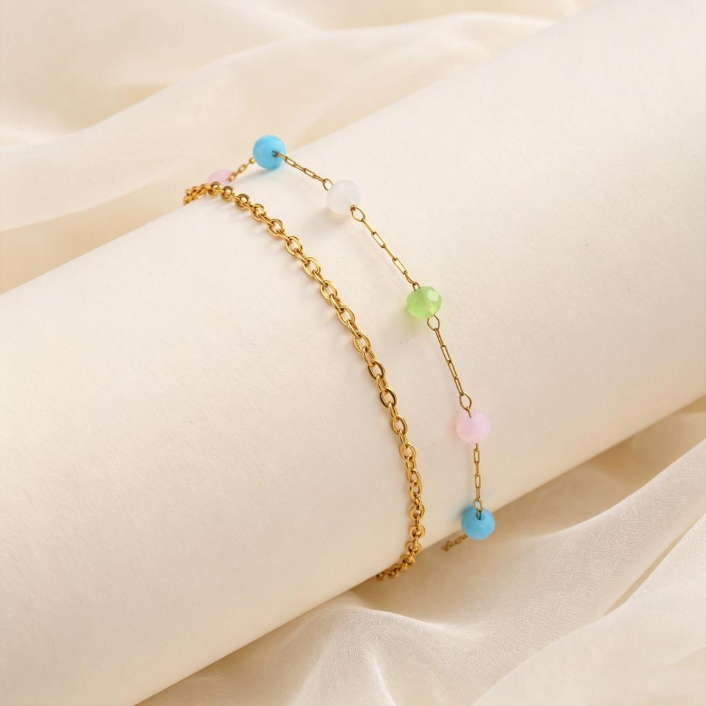 Geometric Double Layer Anklets for Women, Stainless Steel Colorful Beads Anklet Bracelet, Gold Plated Boho Foot Jewelry Gift