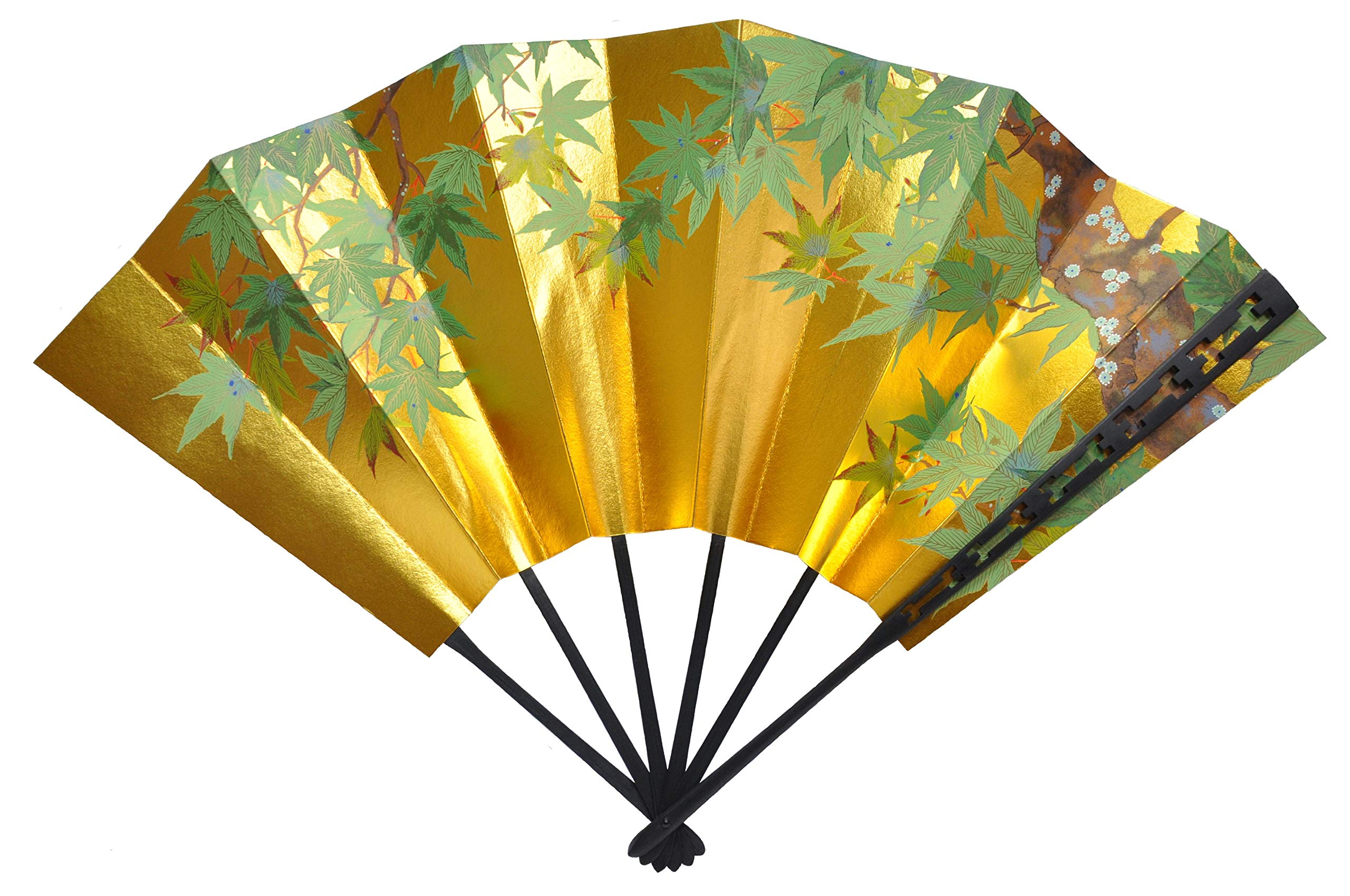 

Tendai carving decorative fan with green maple leaves and fan stand