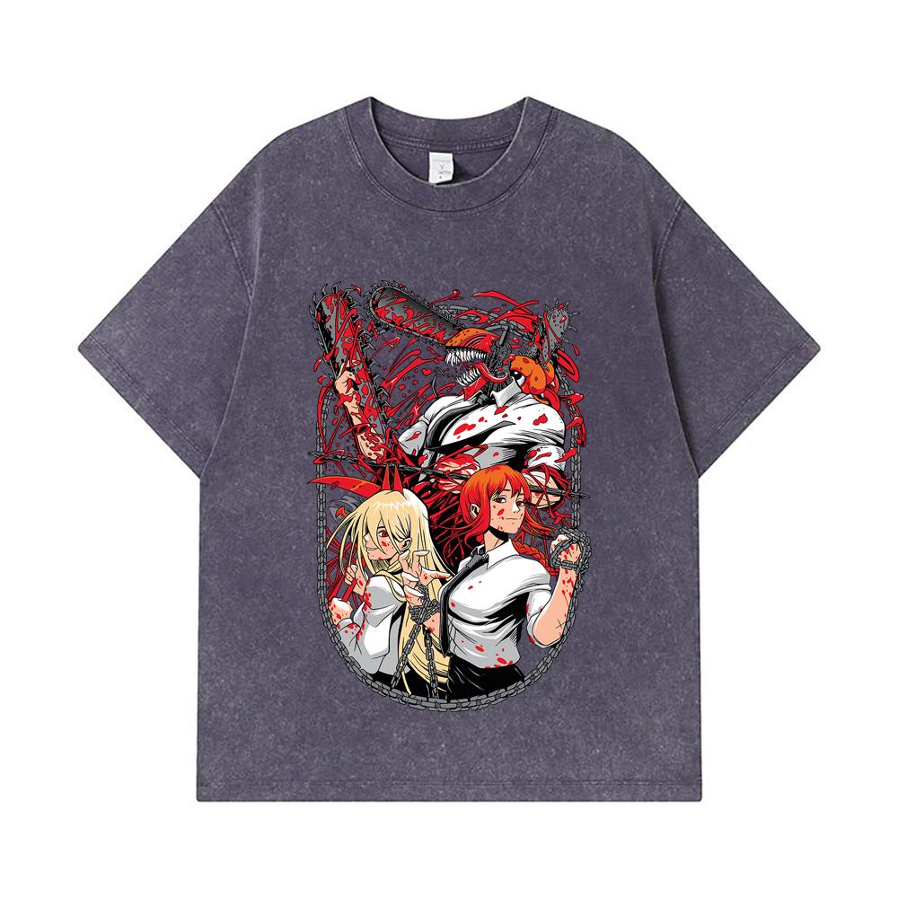 275 GSM Washed T-shirts 100% Cotton Chainsaw Man V20 Print Unisex Heavy Cotton T Shirt