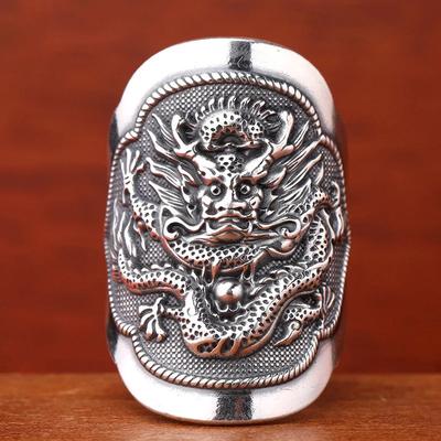 Anelli da Uomo Originali Thai Designer Totem di Drago Dominanti Maschili Larghi Smalto Blu Stile Etnico Gioielli Regalo
