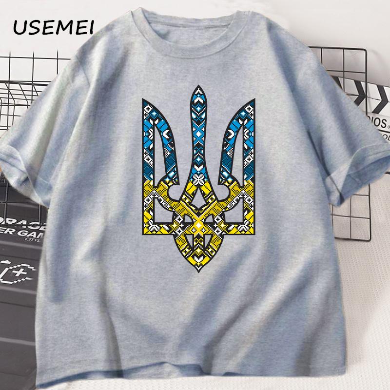 Ukraine Emblem Bedrucktes T-Shirt Herren Damen O-Ausschnitt Lässige Oberteile T-Shirts Ukrainischer Dreizack Geschenk T-Shirt Baumwolle Übergroßes T-Shirt Kleidung