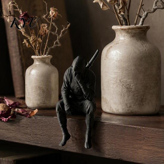 Ninja Shelf Decor 3D Printed Sitting Figurine, Thinking Dark Sitter, Sitter Masked Samurai Ornament for Home Office Bookshelf Table Decoration