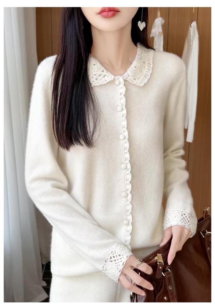 Autumn/Winter Wool Knit Polo Neck Cardigan - Women's Long Sleeve Hollow Crochet Loose Outerwear