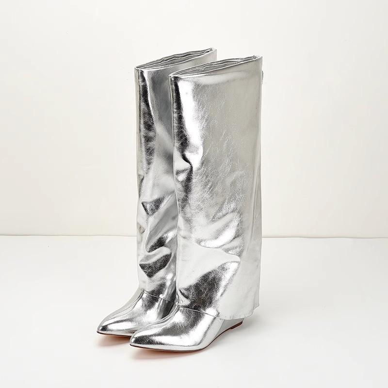 

American Plus Size 42 Silver Round Toe High-heeled Zipper European and American High Leg Knee Boots Pants Boots 42 срібний