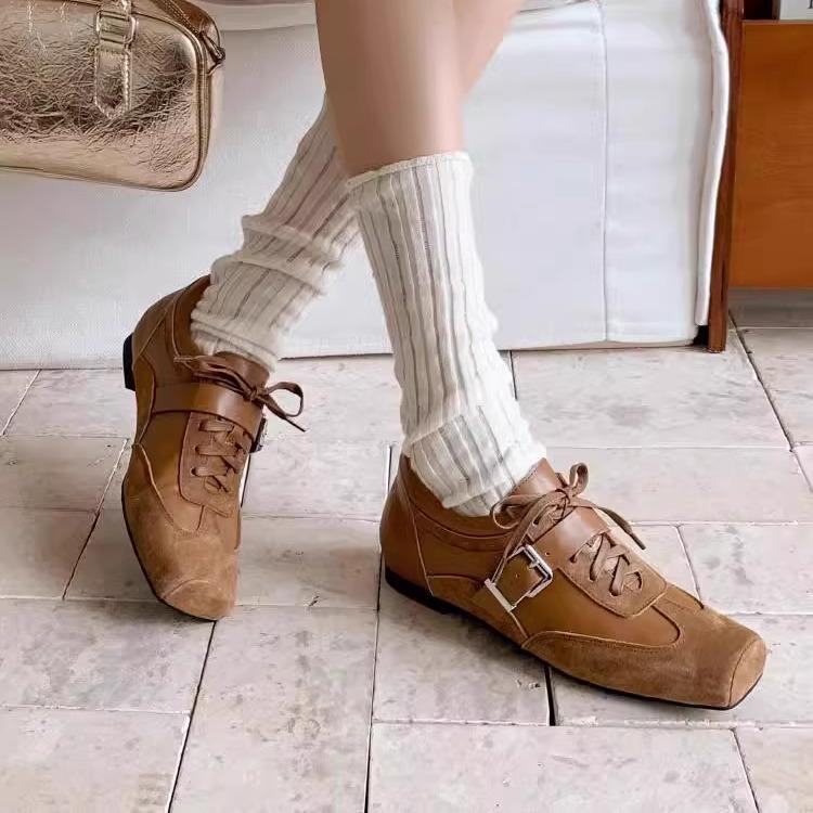 Fashion Women's Shoes Platform Ballet Flats All-Match Buckle Strap Increas Height Square Toe Clogs Ballerinas Summer Spring Lace-Up Incr