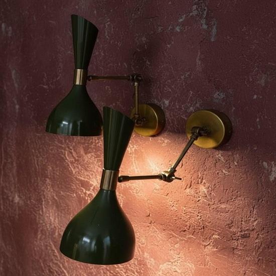 Mid Century Modern Brass Wall Sconce Pair Italian Diabolo Olivine Green Wall Light Adjustable Bedside Reading Lamp Style Decor