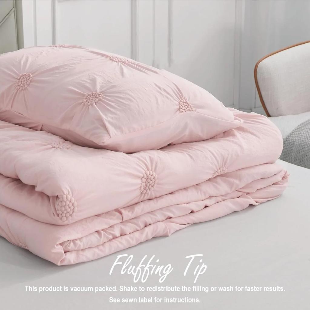 Full/Queen Baby Pink Rose Blush Comforter Set - Ruched 3D Floral Pintuck Bedding Set - 3 Pieces Bed Linen, 1 Comforter