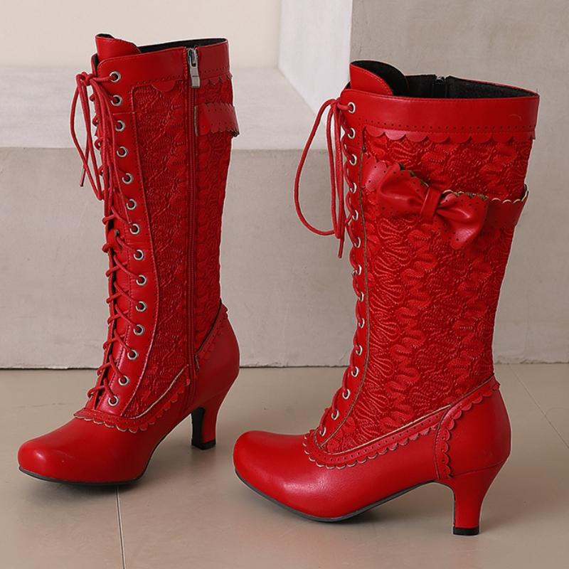 Botas Altas de Moda Otoño Invierno para Mujer Negro Rojo Bota Hasta la Rodilla Femenina Tacón Medio con Cordones Zapatos de Fiesta Señoras Talla Grande