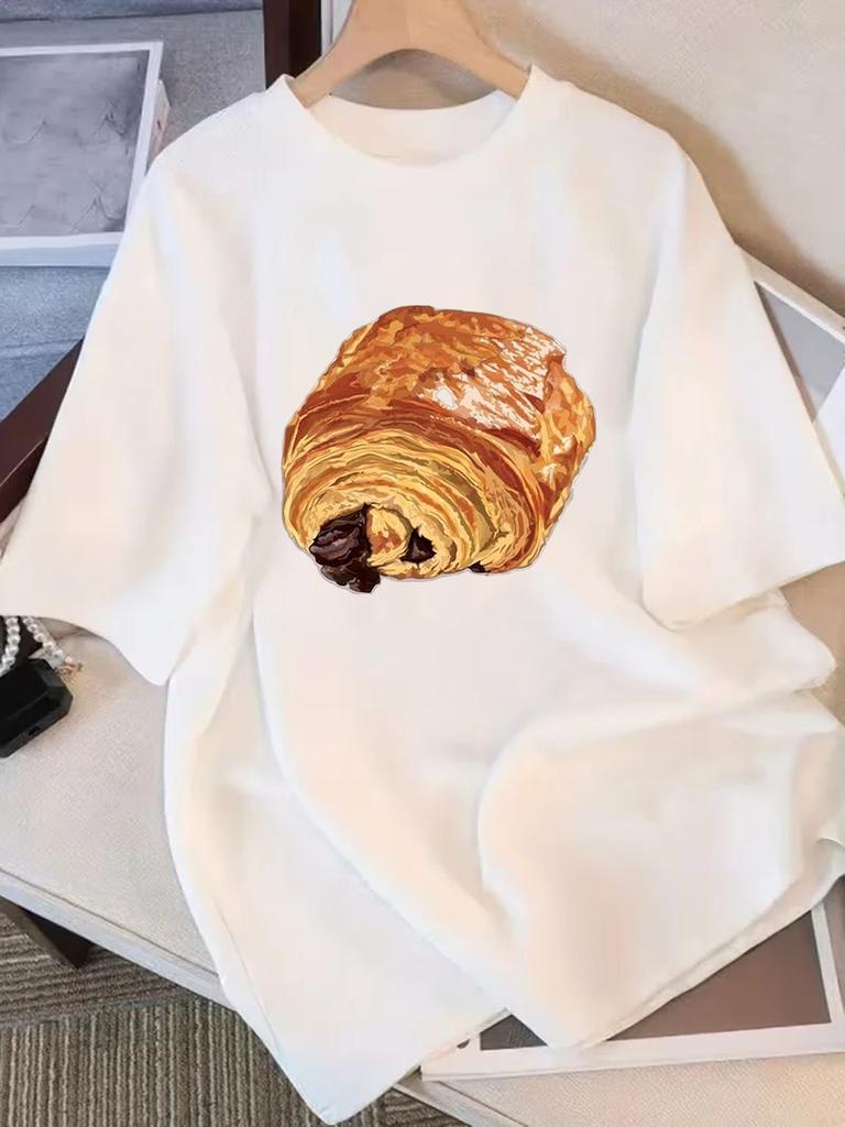 White Tees For Bread Lovers Smiling Toast Realistic Chocolate Croissant Prints Casual Graphic Shirts For Food Lovers