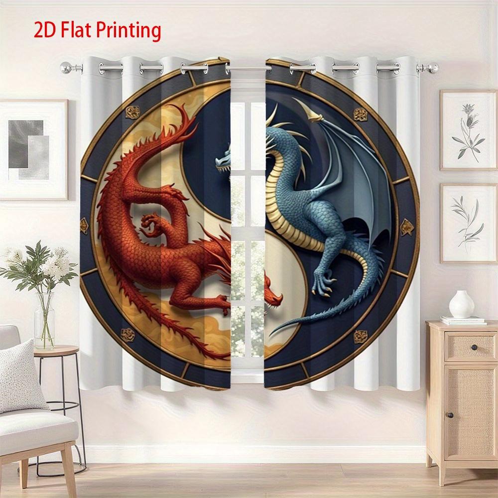 2pcs   2D Flat Printing Curtains with Yin Yang Red And Blue Dragons Pattern for Home Decor. Grommet Curtains Made of Suede