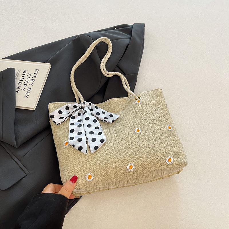 

Stylish Summer Beach Tote Bag For Women With Woven Floral Design In Cream And Khaki Colors Khaki
