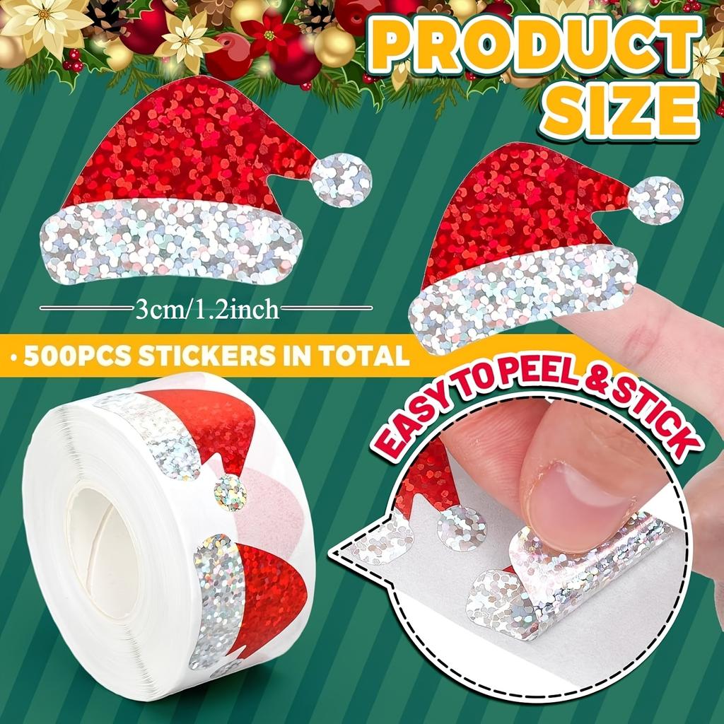500pcs Red Christmas Santa Hat Stickers with Glittering - Laser-Cut Self-Adhesive Waterproof Decoration for Holiday Cards, Gifts, Party Decorations