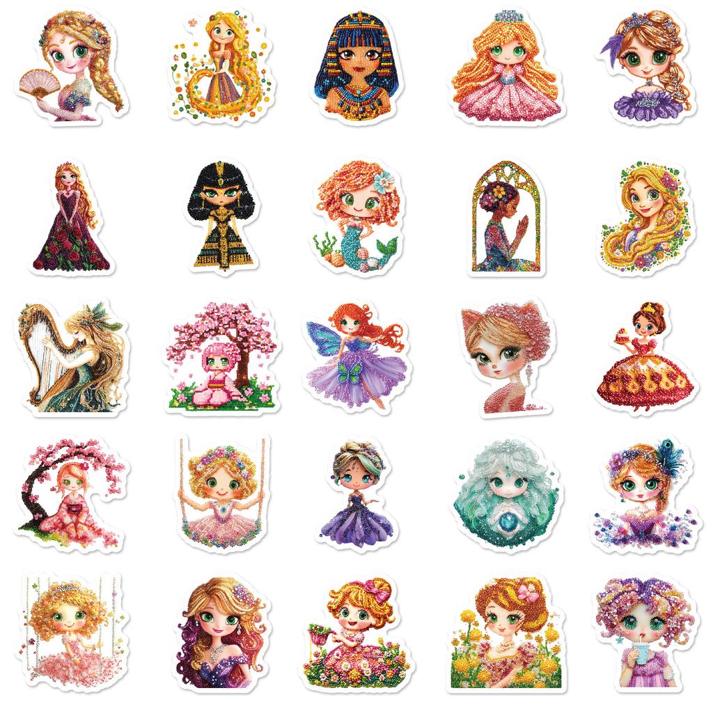 50PCS Cute Princess Diamond Painting Stickers, Waterproof Decals for Phone Case Guitar Water Cup