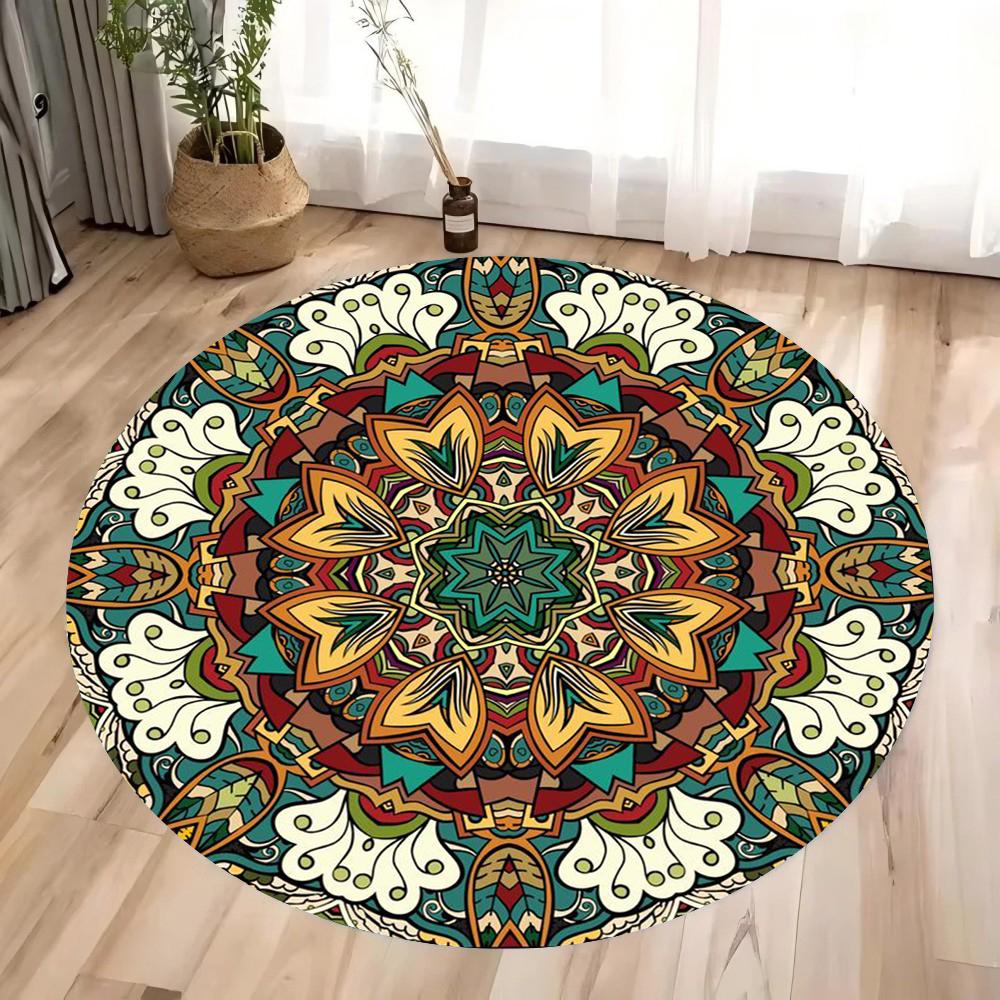 Barevný 3D mandalový Mystery Chakra potisk Kulatý koberec Meditační a jógový Protiskluzový Lze prát v pračce Pro ložnici a obývací pokoj