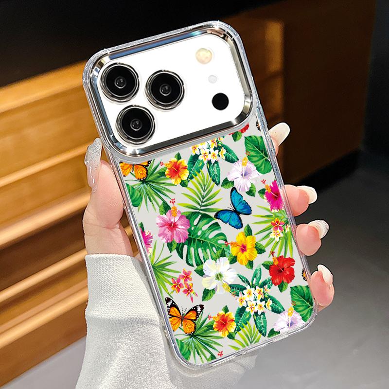 Floral Pattern Case For iPhone 17 Pro Max iPhone 16 15 14 13 Pro Max 11 17e 16e Plating Lens Frame Clear Soft Silicone Back Cover