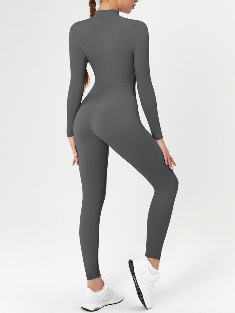 Nude Langarm Yoga-Jumpsuit mit Reißverschluss - High-Intensity Fitnessbekleidung