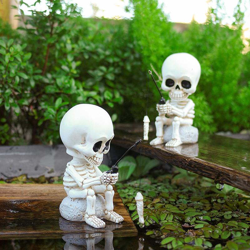 Fishing Skeleton Statue Halloween Decorations, Cute Sitting Skull Figurine Shelf Sitter Resin Sculpture For Outdoor Garden Yard