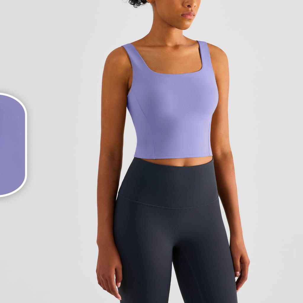 Women's Comfortable One Piece Fixed Cup Yoga Top Sleeveless Longline Sports Bra Wide Strap Yoga Camisole