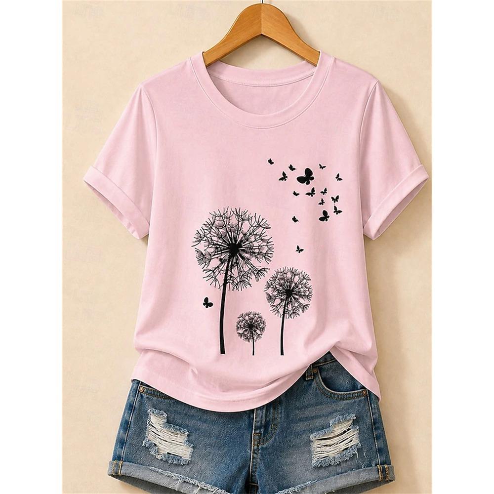 Women's Fashionable Casual Short-Sleeve T-Shirt with Cartoon Dandelion